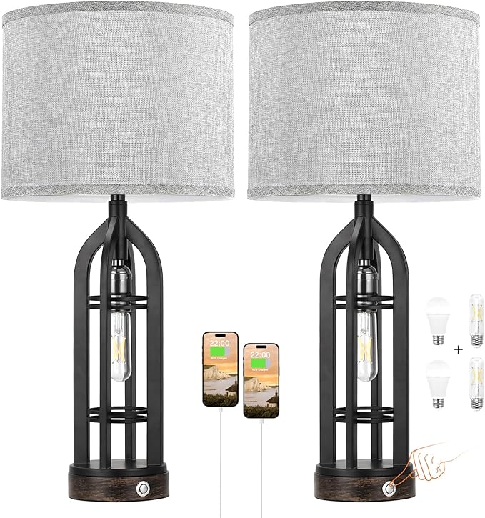 Seealle Table Lamp for Living Room Set of 2 - Bedside Lamp for Bedroom with USB C+A & Outlet, Farmhouse Lamps for Night Stands, 3-Way Dimmable Touch Lamps for Living Room with Grey Shade