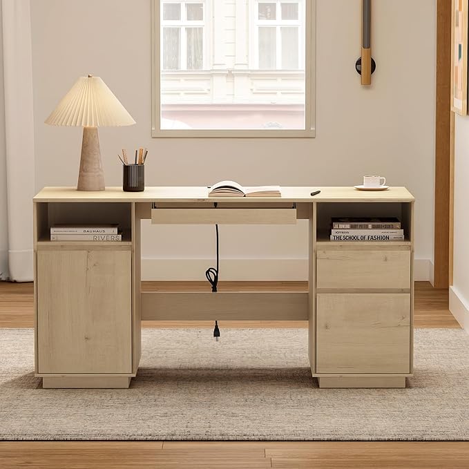 Farmhouse Executive Desk with File Drawer 59" Large Computer Desk Home Office Desk with Charging Station, Keyboard Tray, Storage Cabinet Modern Workspace for Study, Writing, Light Oak