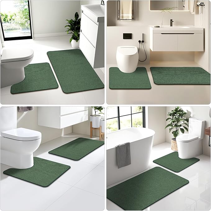 Toilet Rugs U Shaped Washable 24x20, Ultra Thin Toilet Rug Super Absorbent, Toilet Mat Rubber Backing Non-Slip, Toilet Mats Machine Washable Dry Quickly, Contour Bathroom Rugs for Toilet-Green
