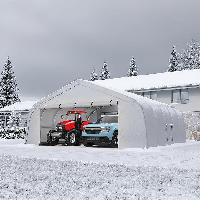 EROMMY 20x20 FT Heavy Duty Durable Carport, Galvanized Steel Frame Garage Shelter and Outdoor Storage, Waterproof 3-Layer PE Cover, Fits 2 Cars, Boat, Farm Equipment, Silver Gray