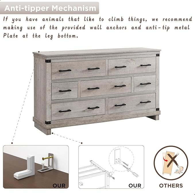 Farmhouse 7 Drawers Dresser for Bedroom, Wood Large Chest of Drawers with Thick Plank Styling, Rustic Closet Dresser for Bedroom, Living Room, Light Rustic Oak Color