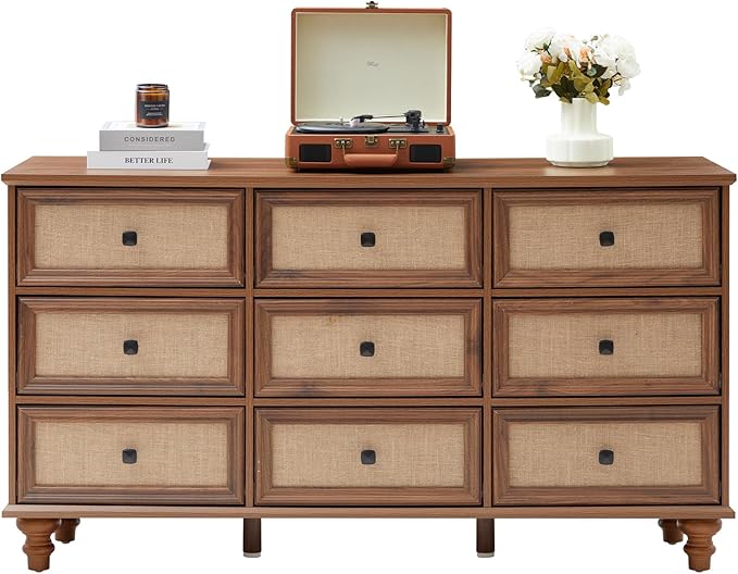 9 Drawer Dresser for Bedroom, Mid Century Modern Wide Wood Rustic Chest of Drawers Wooden Storage Organizer Dressers with Burlap Rattan Drawers for Living Room, Hallway Closet, Entryway, Walnut