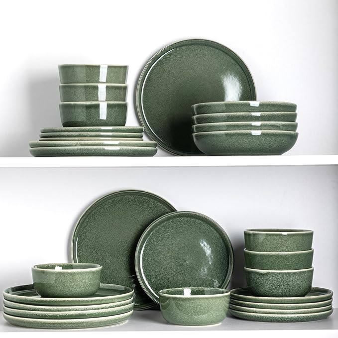 AmorArc Stoneware Dinnerware Sets,Round Reactive Glaze Ceramic Plates and Bowls Set,Highly Scratch Resistant | Dishwasher & Microwave Safe Dishes,Service for 6 (18pc) Jade Green