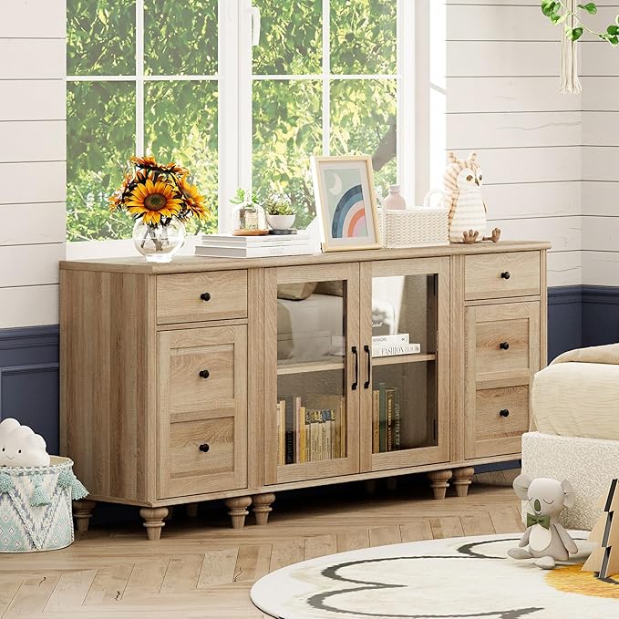 WAMPAT TV Stand for 75 Inch TV, Wood TV Cabinet Entertainment Center with Charging Station, Glass Door Buffet Cabinet for Dining Room, Oak