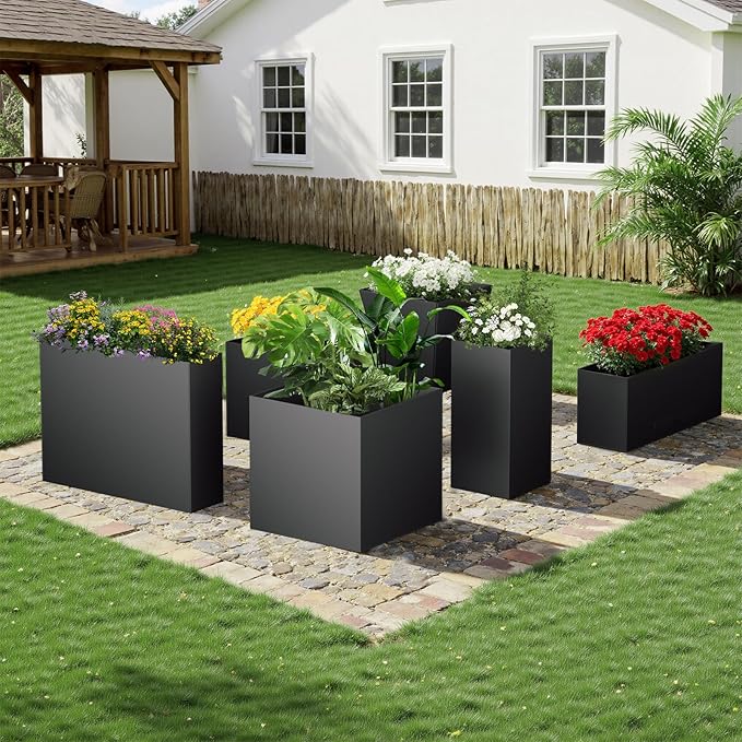 Metal Planter Box, 26" x 26"x 26", Heavy-Duty Galvanized Steel Outdoor Planter with Drainage Holes, Rectangular Planter for porches, Gardens, patios, and courtyards,Black