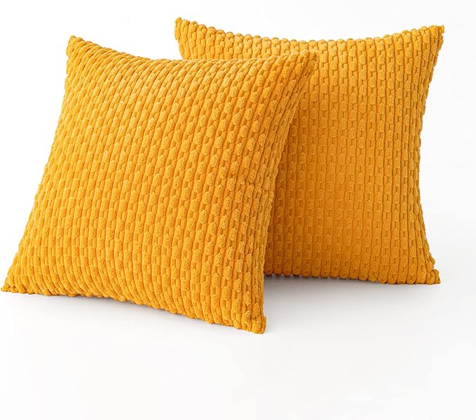 MIULEE Throw Pillow Covers Soft Corduroy Decorative Set of 2 Boho Striped Pillow Covers Pillowcases Farmhouse Home Decor for Couch Bed Sofa Living Room 16x16 Inch Golden Yellow