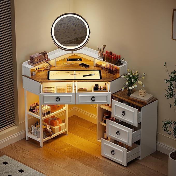 Corner Vanity Desk with Rotating Mirror and Lights,Glass Top Makeup Vanity with Human Body Senor&Charging Station,LED Vanity Table Set with 5 Drawers and Shelves for Bedroom