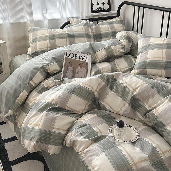 mixinni King Comforter Set Green Geometric Checkered Plaid Bedding Comforter Set Men Boys Modern Style All Season Soft Fluffy Lightweight Bedding Set-King Size