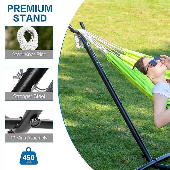PNAEUT Double Hammocks with Stand for Outside, Portable Space Saving Heavy-Duty Steel Stand for Indoor Outdoor Patio with Carrying Bag, 450 lbs Capacity (Green)