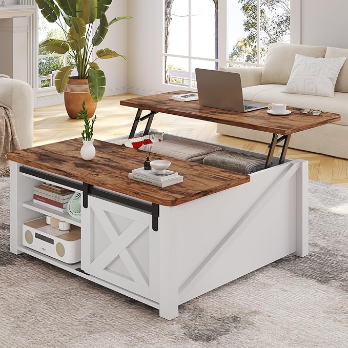 SEDETA 31.5" Lift Top Coffee Table with Storage, Square Coffee Tables for Living Room, Farmhouse Coffee Table with Large Hidden Storage Compartment and Adjustable Shelves, White