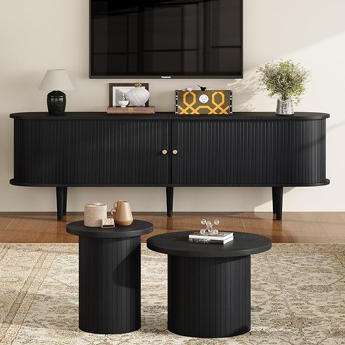 70" Mid-Century Modern TV Stand with Tambour Door, TV Console with Solid Wood Legs for TVs up to 80", Fluted Entertainment Center with Storage for Living Room, Black