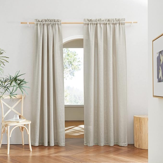 RYB HOME Linen Woven Curtains 36 Inch Length, Flax Linen Blend Small Drapes Soften Sunlight Thermal Curtains for Farmhouse, Cafe, RV, Bus, Office, W 52 x L 36 inches, Angora, 2 Pack