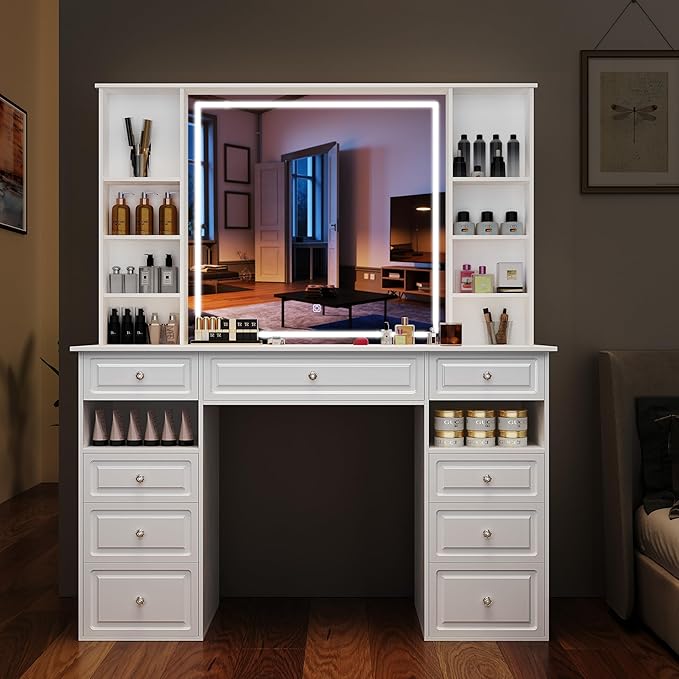 Extra Large Vanity Desk with LED Lighted Mirror, White Makeup Vanity with 9 Drawers, Crystal Ball Knobs Mordern Makeup Desk for Bedroom, Dressing Room