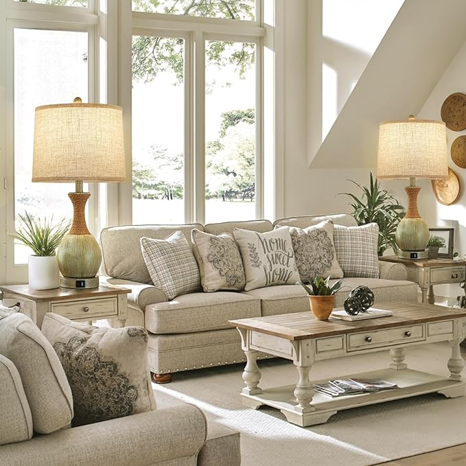 Bedside Table Lamp Set of 2 - Bedroom Table Lamps with 3 Color Temperatures - Boho Rattan Lamps with USB A+C Charging Ports Grey Farmhouse Living Room Lamps for Reading Bulbs Included