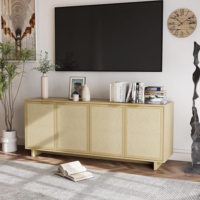 TV Stand for Living Room, Boho Entertainment Center for Bedroom with Adjustable Shelves, Farmhouse Television Stands with Large Storage, Media Console Table for TVs up to 45 50 55 60 65in