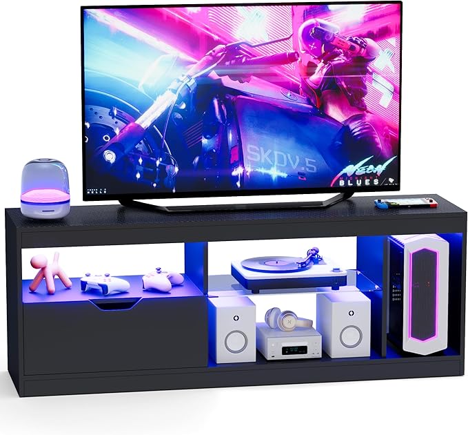 Homall LED TV Stand Mount for 65 inch, Modern Entertainment Center with LED Lights & High Glossy Cabinets, TV Cabinet Console Table with Drawer, Glass Shelves, Dynamic RGB Modes for Living Room, Black
