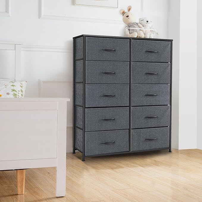 Dresser for Bedroom with 10 Drawers, Chest of Drawers, Storage Drawers Organizer Unit, Grey Wide Fabric Dresser with Fabric Bins for Closet, Living Room, Entryway (Grey and Charcoal Black)