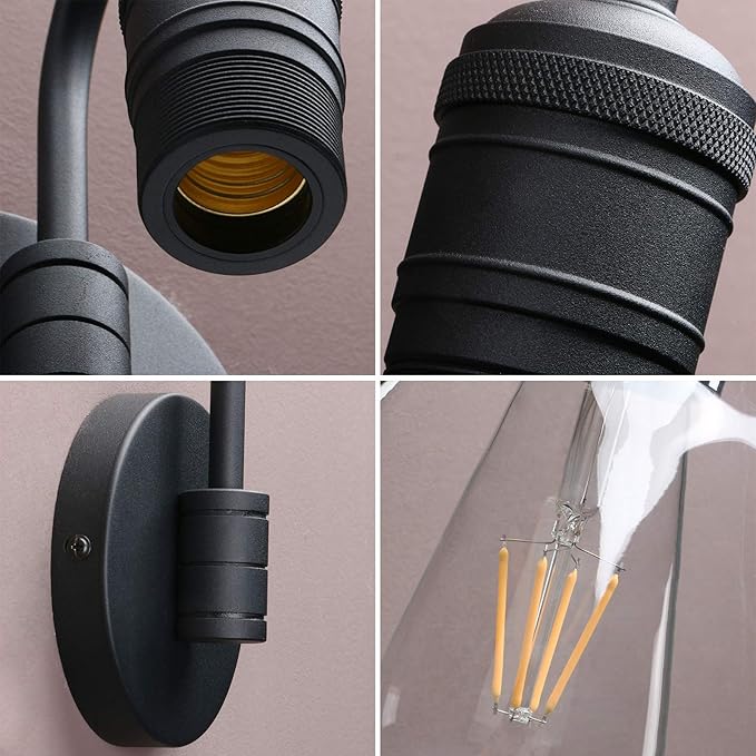 Yosoan 1-Light Vintage Industrial Fixture Light, Funnel Flared Clear Glass Shade with Elegant Gooseneck Curved Rod Wall Sconce for Bathroom Porch Kitchen Living Room Hotel Bar Foyer(Black)