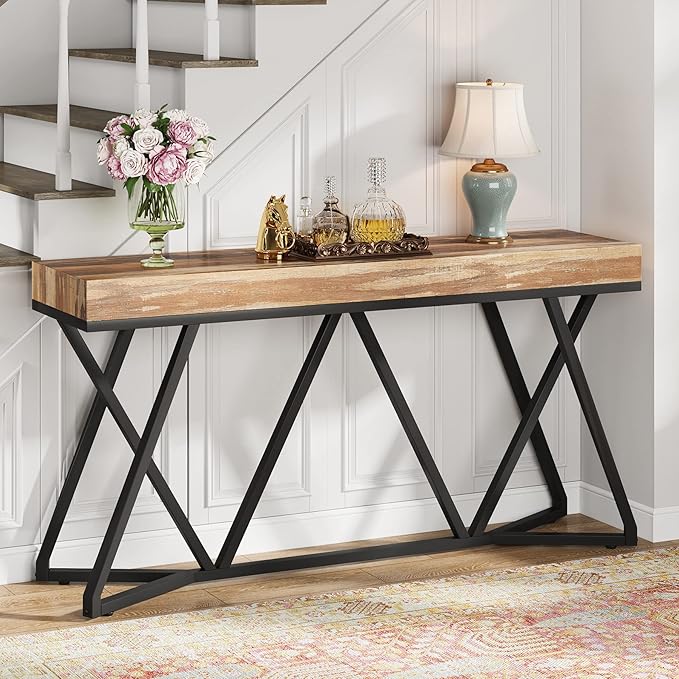 Tribesigns 55 Inches Console Table, Farmhouse Sofa Table Wood Entryway Table with Unique Metal Base, Behind The Couch Table Foyer Table, Industrial Accent Table for Hallway, Living Room, Entrance