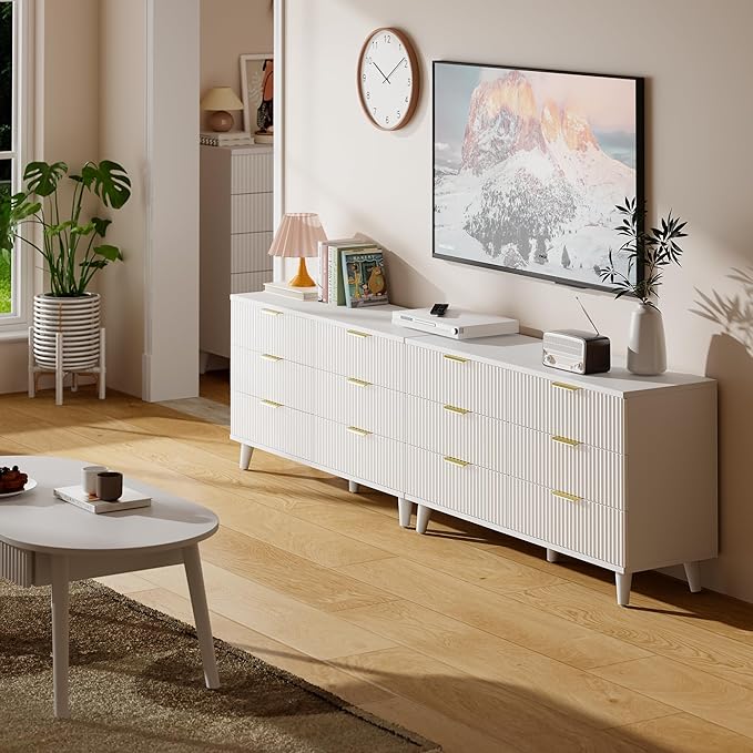 Lulive White Dresser for Bedroom Wood Dressers Chest of Drawers, Fluted 53.2" Wide Modern Long Dresser TV Stand 6 Drawers for Bedroom, Closet, Living Room, Hallway (White)