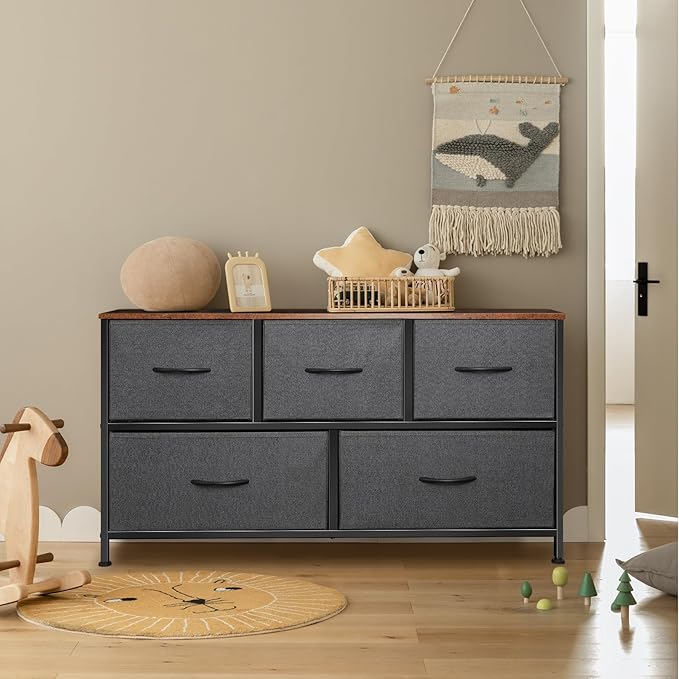 Dresser for Bedroom with 5 Drawers, Chest of Drawers, Storage Drawers Organizer Unit, Grey Wide Fabric Dresser with Fabric Bins for Closet, Living Room, Bedroom (Grey and Rustic Brown)