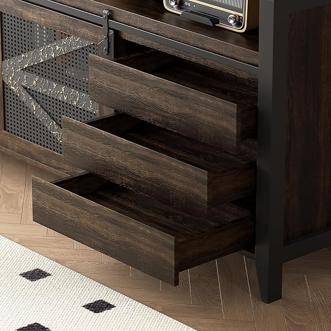 VFK 70 Inch TV Stand for TVs up to 70", Rustic Farmhouse Media Console with Sliding Barn Doors, 6 Drawers, Entertainment Center for Living Room