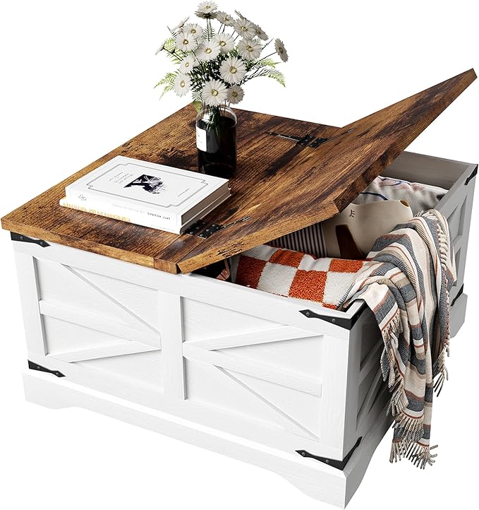 MXV Farmhouse Coffee Table with Storage, Square Coffee Tables for Living Room, Rustic Wood Center Table with Hinged Lifting Tabletop for Home, White