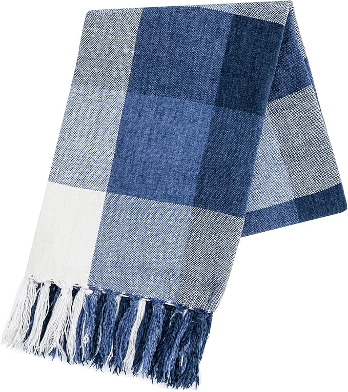 RECYCO Buffalo Paid Chenille Throw Blanket for Couch, Soft Cozy Decorative Buffalo Check Blanket Throw with Tassels for Bed Sofa, Lightweight Chenille Knitted Throw, Plaid Navy Off White, 50'' x 60''