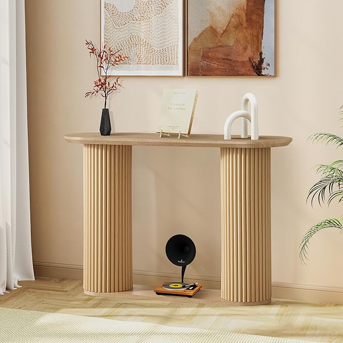 Fluted Console Table, Farmhouse Oval Curved Entryway Table with Storage and Fluted Wood Legs, Narrow Sofa Table Small Long Entry Table for Entrance, Hallway, Living Room (Natural)