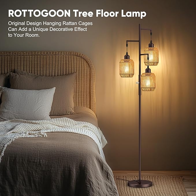 ROTTOGOON Dimmable Boho Floor Lamp - 3 Light Farmhouse Rattan Floor Lamp for Living Room, Industrial Tree Floor Lamps with 3 X 6W LED Bulbs, Rustic Standing Tall Lamp for Bedroom, Office, 68", ORB