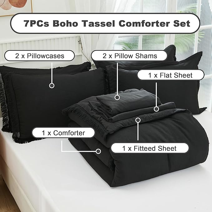 Andency Black Full Size Comforter Set with Sheets - 7 Pieces Boho Tassel Bed in a Bag Soft Lightweight Bedding Sets, Black Fringe Bed Set with Comforter, Sheets, Pillowcases & Shams
