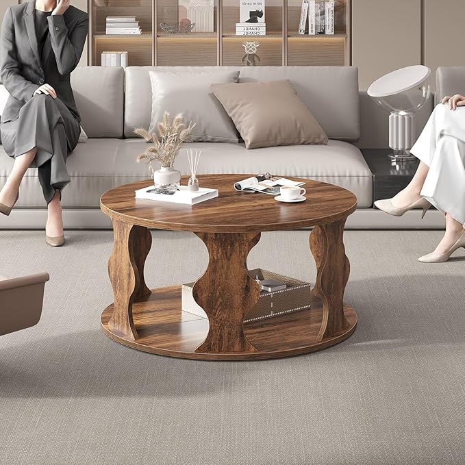 HSH Round Wood Coffee Table, Rustic Brown Circle Center Table with Storage, Farmhouse Wooden Living Room Coffee Tea Tables in Small Room, Unique Vintage 2 Tier Circular Middle Cocktail Table, 31.5 in