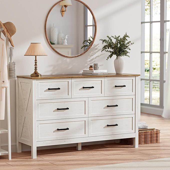 LYNSOM Farmhouse 7 Drawers Dresser for Bedroom, Wood Rustic Wide Chest of Drawers with Deep Drawers, Metal Handle, Storage Dressers Organizer for Entryway, Hallway, Antique White