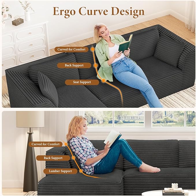 Vesgantti 106" Boneless Couch with Chaise, Deep Seat Comfy Cloud Modular Sofa Corduroy Memory Foam Sectional Couches for Living Room Bedroom, No Assembly Required (Grey, Left-Facing Chaise)