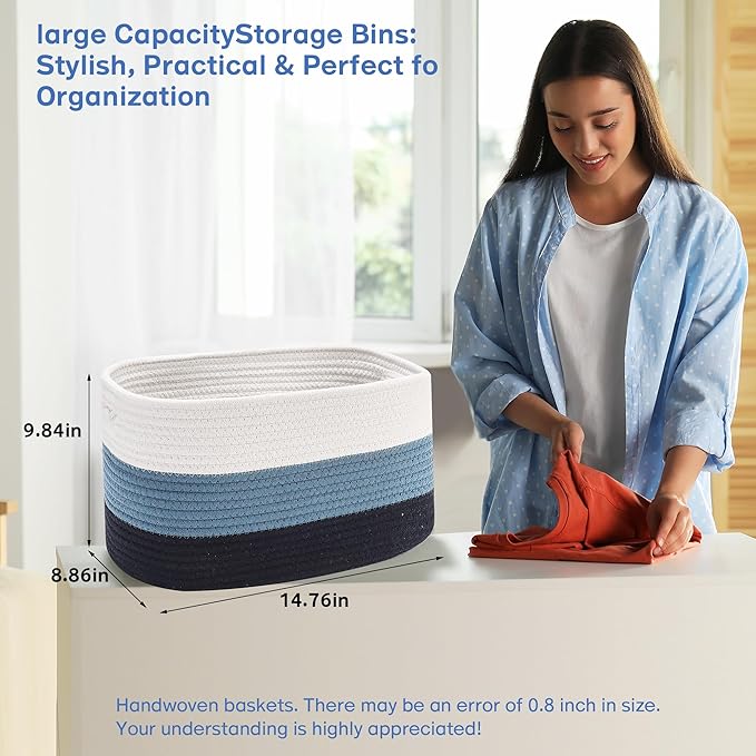 4 Pack Woven Storage Baskets for Organizing - Cotton Rope Baskets for Closet, Toys, Books, Towels, Durable Storage Bins for Shelves, Living Room, Bedroom, 14.76''Lx9.84''Wx8.86''H (Blue, 13")