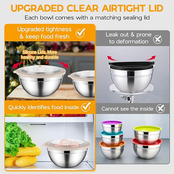 Mixing Bowl Set of 5 for Kitchen, Stainless Steel Metal Nesting Mixing Bowls with Khaki Lids – Size 1.5, 2, 2.6, 3.5, 4.6QT