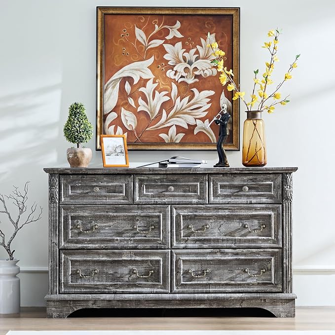 Farmhouse 7 Drawers Dresser, Dressers for Bedroom, 54" Wide Wood Rustic Chest of Drawers with Carved Pilasters, Storage Organizer, Living Room, Hallway, Light Gray