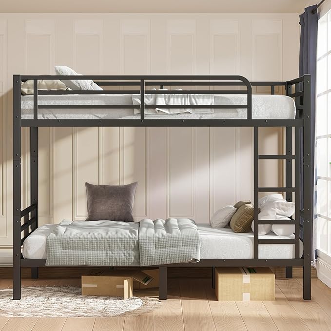 Twin XL Over Twin XL Bunk Bed Frame, Heavy Duty Metal Loft Bed for Adults/Teens, 350/500LB Capacity w/Ladder & Guardrail, Noise-Free Steel Slats, No Box Spring Required, Black