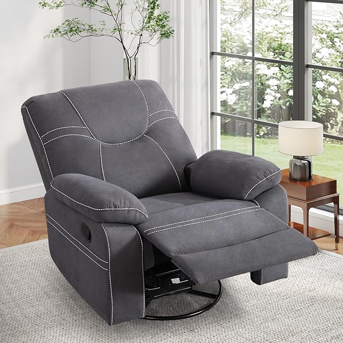 ANJ Oversized Swivel Rocker Recliner Chair for Adults, Manual Rocking Recliner Glider Recliner Nursery Chair Clearance with Decorative Stitching Soft Fabric Thick Cushion for Living Room Bedroom