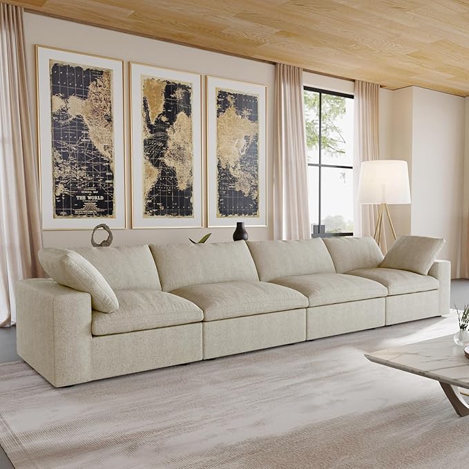JACH 160" Cloud Sectional Couch, Modern Modular Convertible Sofa, Couch Cushion Covers Removable, 4-Seats Sofas Furniture for Living Room Bedroom Apartment (Khaki)