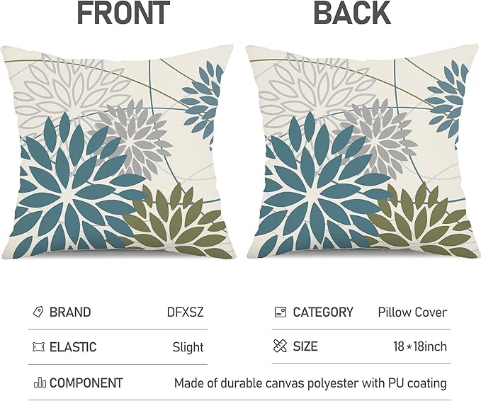 Blue Army Green Outdoor Pillow Covers Set of 2 16X16 Inch Teal Floral Elegant Polyester Flower Pillow Case Outdoor Waterproof Decor for Patio Funiture Garden Linen Cushion Covers 01C16