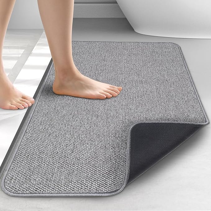 Upgraded Thin Bathroom Rugs, Bath Mat Super Absorbent, Bath Rugs Rubber Backing Non-Slip, Quick Dry Machine Washable, Cozy Cloth Bathroom Mat fit Under Door/Sink/ Bathtub/Floor/Shower 24''x36''-Gray