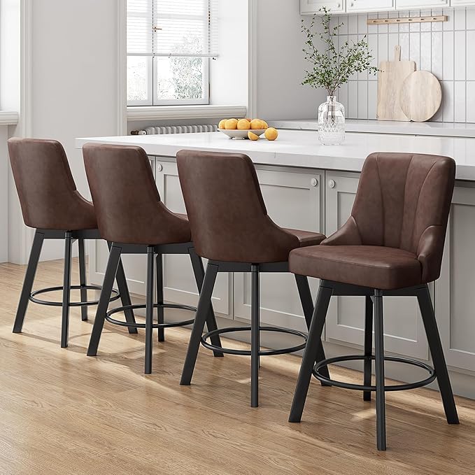 Swivel Bar Stools with Backs, 24" Counter Height Barstools Set of 6, Fabric Upholstered Counter Bar Stools with Solid Wood Legs for Kitchen Island, Home Bar, Brown