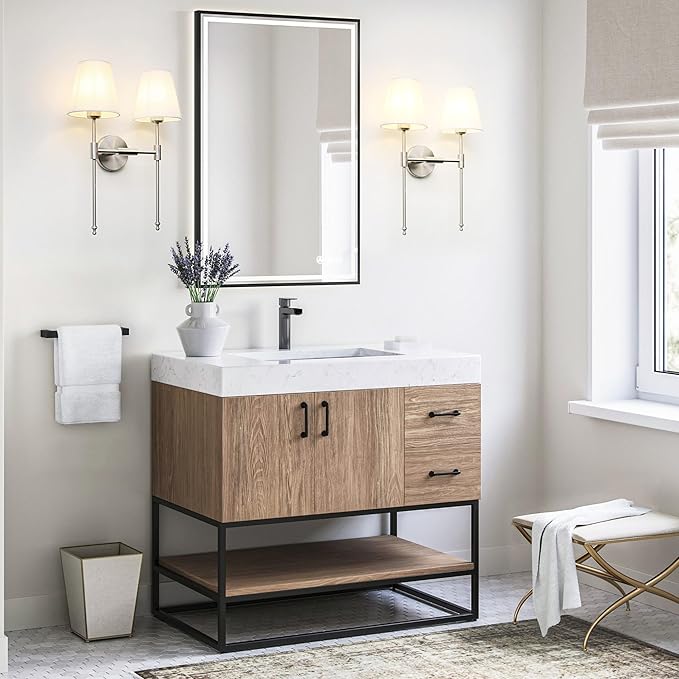 PERMO Classic Transitional Double Sconce 2-Lights Wall Sconce Lighting Fixture with Flared White Textile Lampshade and Brushed Nickel Finished Long Arm for Indoor Bathroom Bedroom Bedside