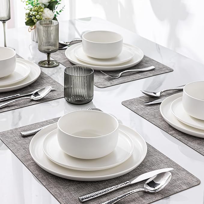 LERATIO Stoneware Dinnerware Sets for 4,Handcarft Ceramic Plates and Bowls Sets,Chip and Scratch Resistant Dishes, Dishwasher & Microwave Safe, Oven safe,Reactive Glaze-White