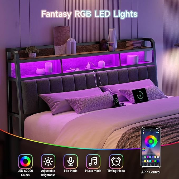 Ergonomic Headboard for King Size Bed with 2-Tier Storage, Upholstered Headboards with Outlets, USB Ports, LED Light, King Head Board Only, Height Adjustable, Sturdy and Stable, Black & Brown