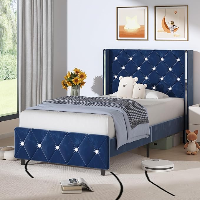 HOMBCK Twin Bed Frames, Upholstered Platform Bed with Diamond Tufted Headboard, Modern Velvet Bed Frame with Wingback Design, No Box Spring Needed, Easy Assembly, Blue