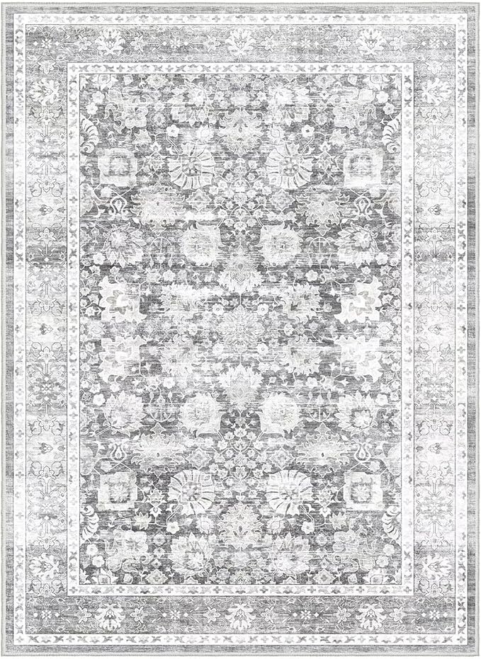 HOMFINE Machine Washable Rug 5'x7' - Vintage Design Area Rugs with Non Slip Rugs for Living Room Bedroom Floral Print Rug Carpet Stain Resistant, Home Decor Office Area Rug, Light Grey