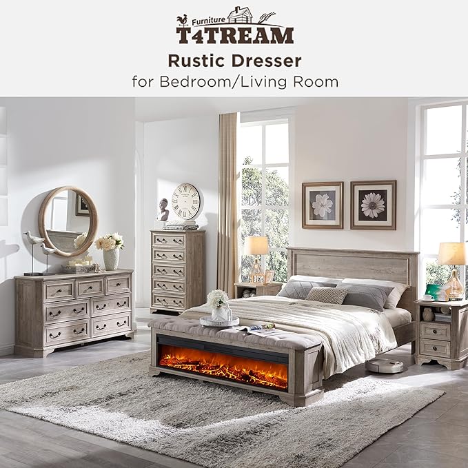 T4TREAM Farmhouse 5 Drawers Dresser for Bedroom, 48" Tall Wood Rustic Chest of Drawers with Natural Texture, Vintage Design, Storage Dressers Organizer for Bedroom, Living Room Light Rustic Oak