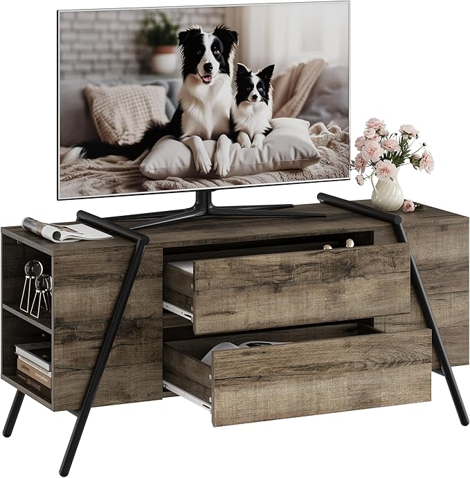 GarveeHome TV Stand for 47 Inch TV, Entertainment Center with Adjustable Shelf, 2 Drawers, TV Console Table, Media Console, U-Shaped Metal Legs, for Living Room, Bedroom, Oak